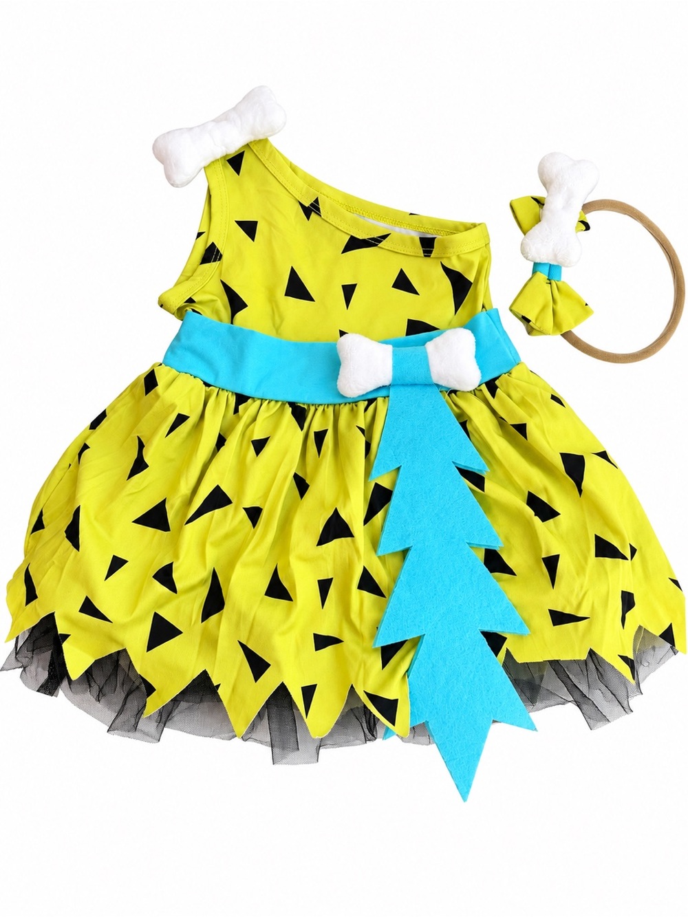 Girls Yellow & Blue Stone Age Dress Costume with Bone Accents